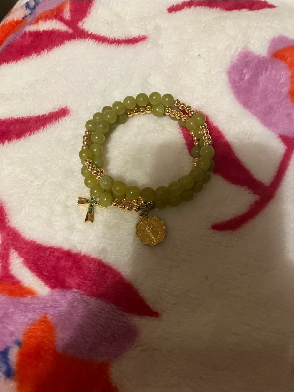 Gold & Olive Green Beaded Wrap Bracelet with Cross Charm